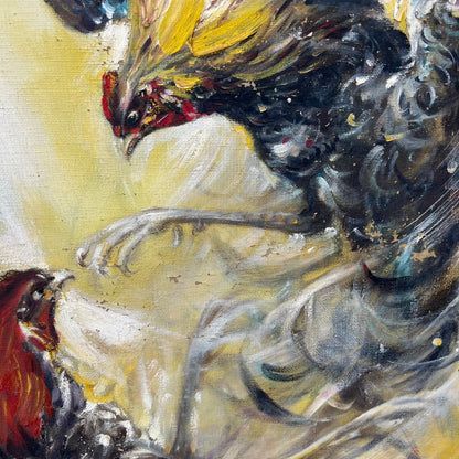 Framed Mid Century Original Oil on Canvas Cock Fight