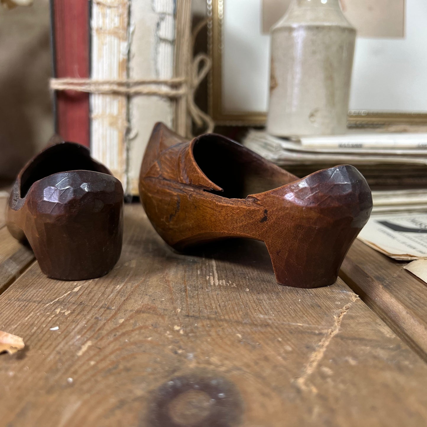 Antique Folk Art Carved Wooden Shoes Clogs