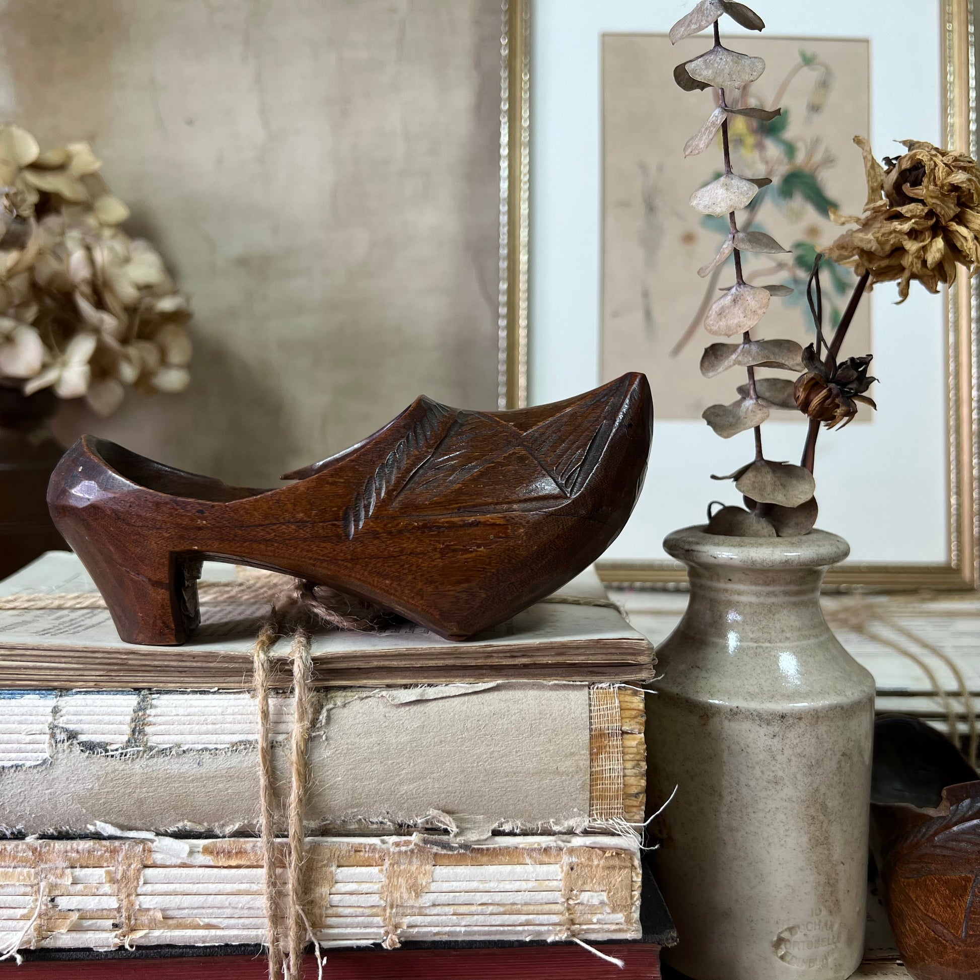 Antique Folk Art Carved Wooden Shoes Clogs 