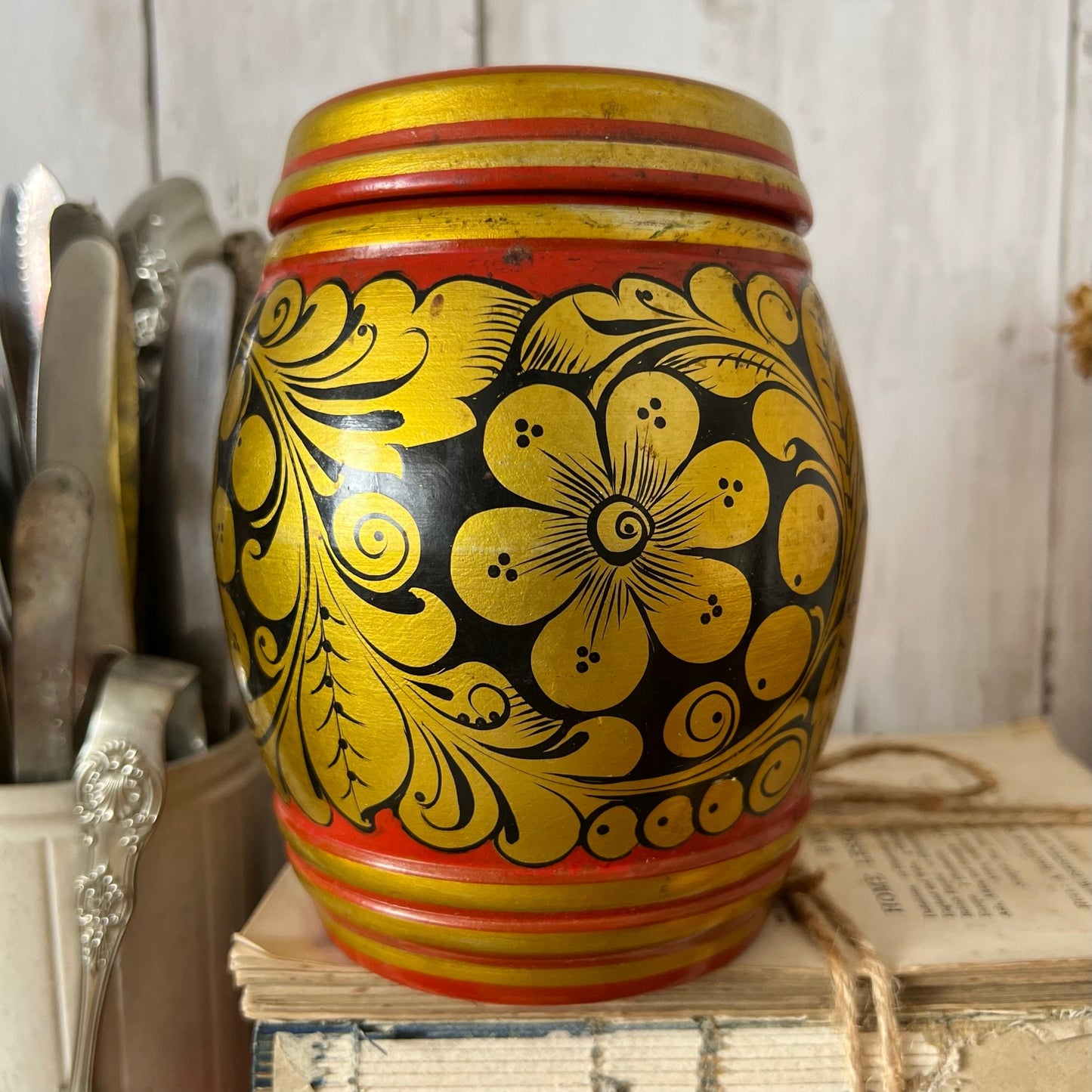 Painted Russian Folk Art Khokhloma Lidded Pot