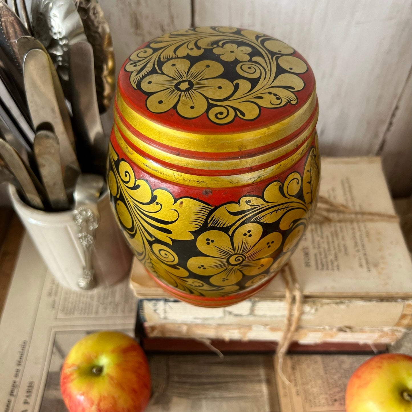 Painted Russian Folk Art Khokhloma Lidded Pot