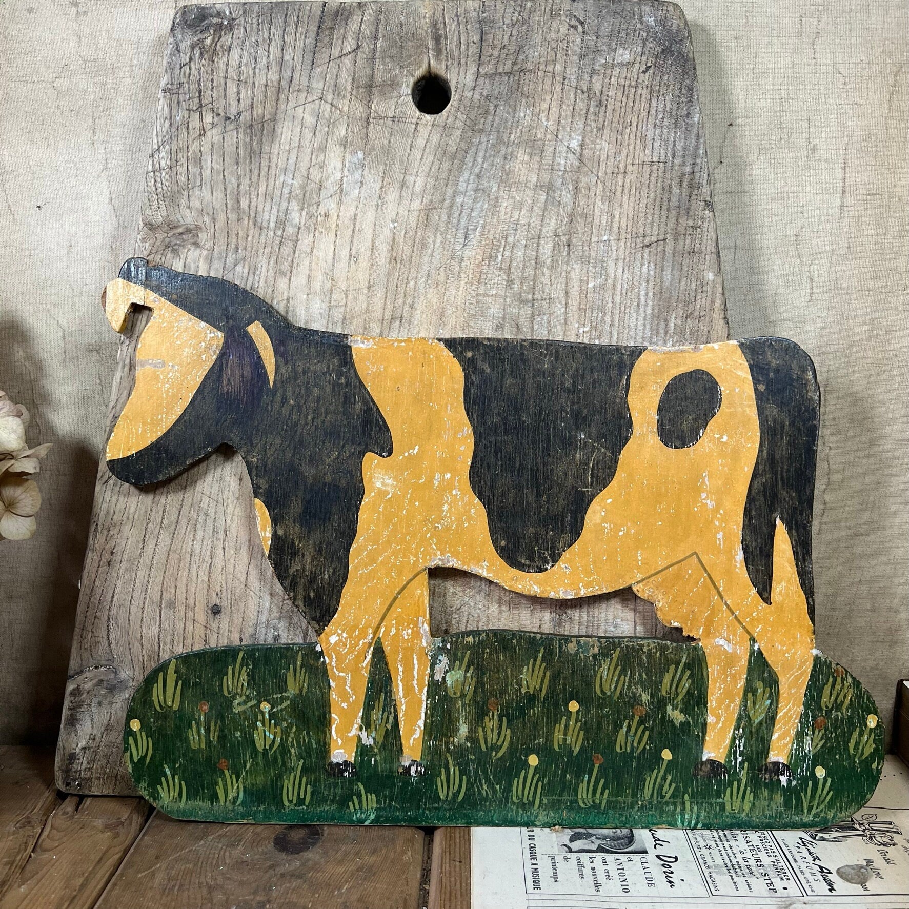 Wooden Painted Cow Flat Board - Wall Hanging