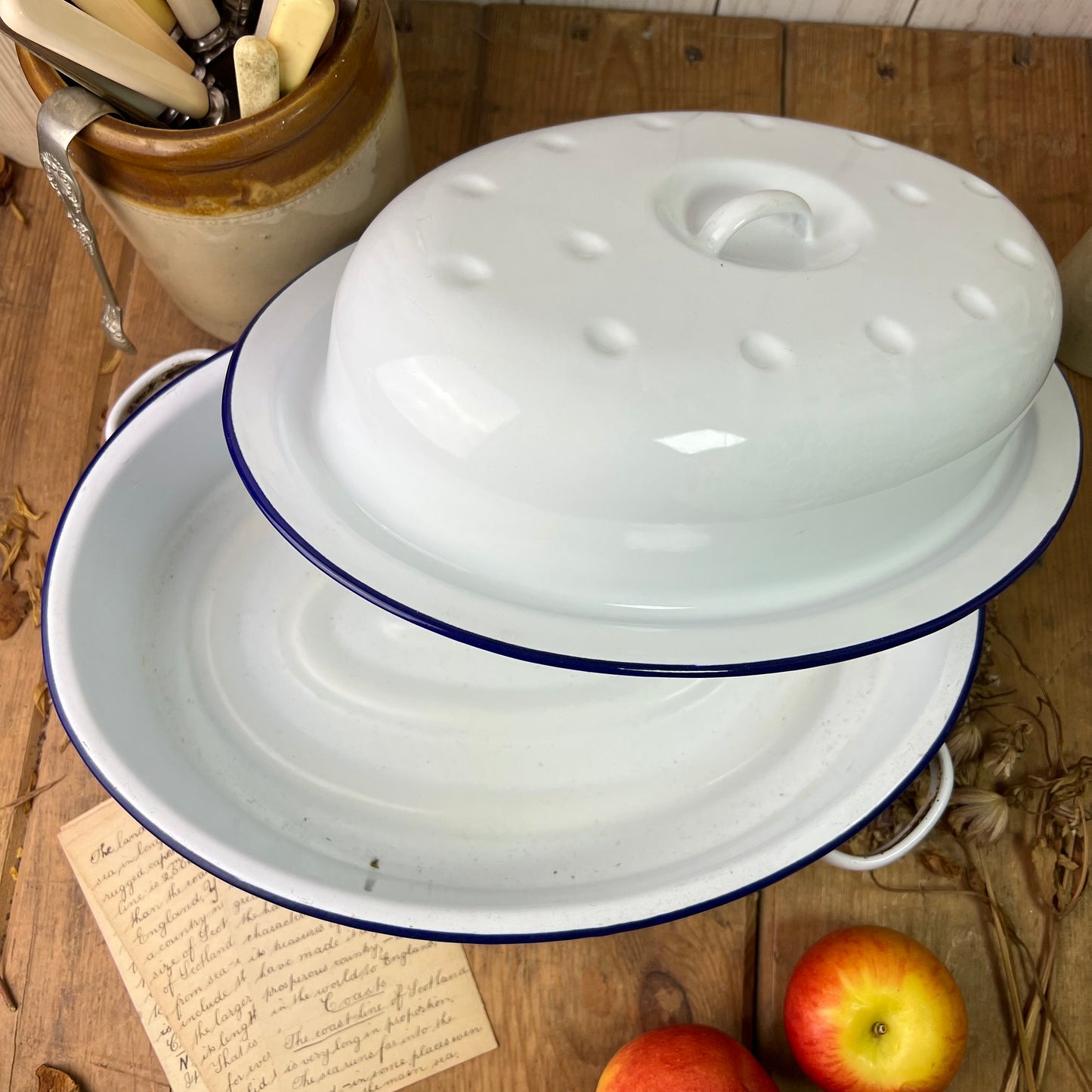 Vintage White Oval Roasting Dish with Lid & Blue Trim