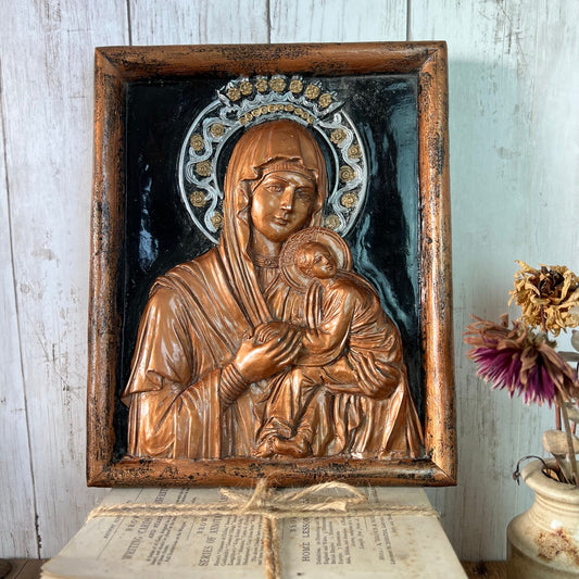 Bronzed Pottery Virgin Mary Perceptual Relief Iconographic Sculpture