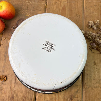 Vintage White Round Roasting Dish with Lid & Blue Trim