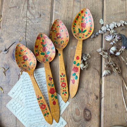 Set of Four Painted Russian Folk Art Khokhloma Spoons