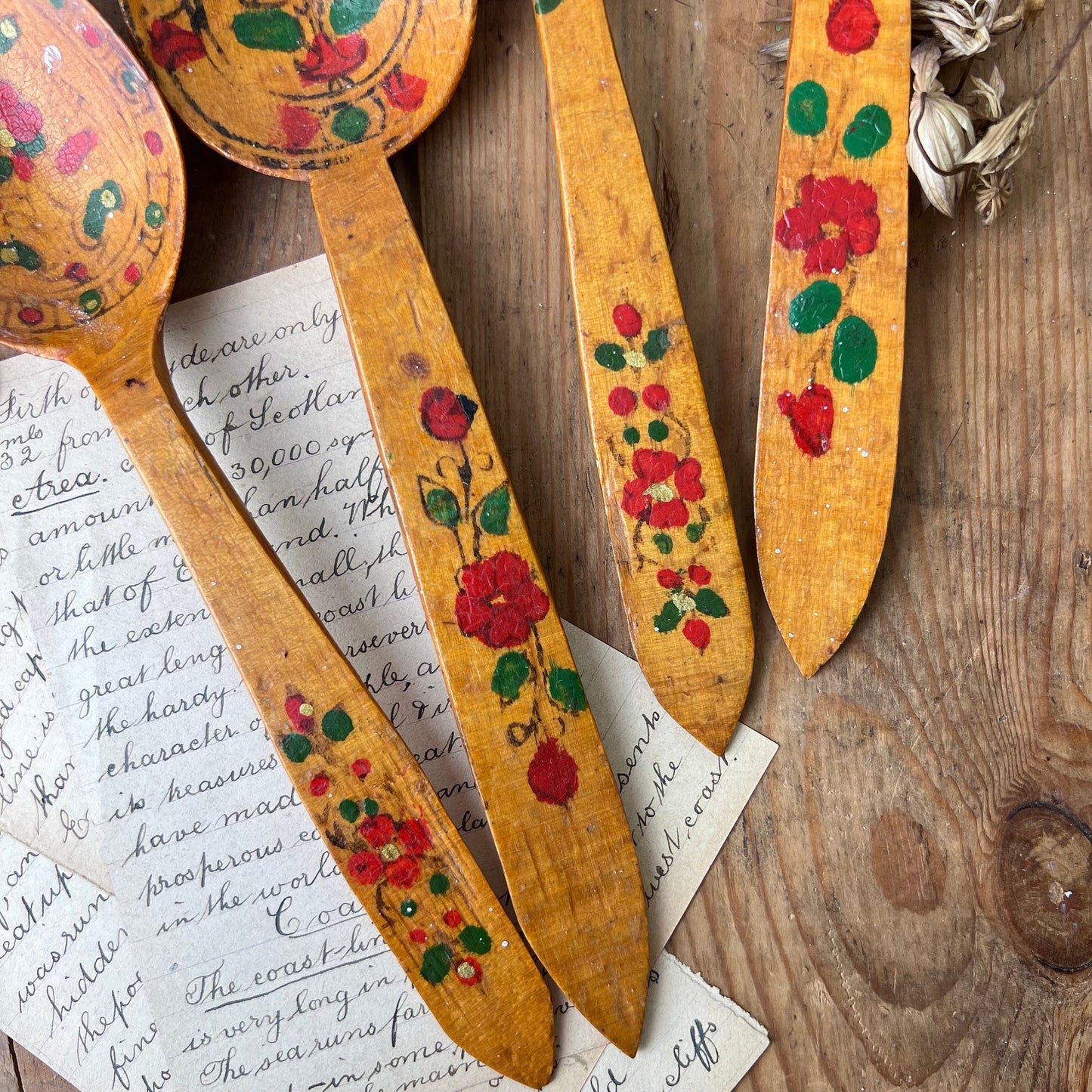 Four Painted Russian Folk Art Khokhloma Spoons