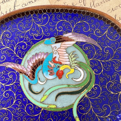 Vintage Oriental Chinese Copper Blue Enamelled Pin Dish