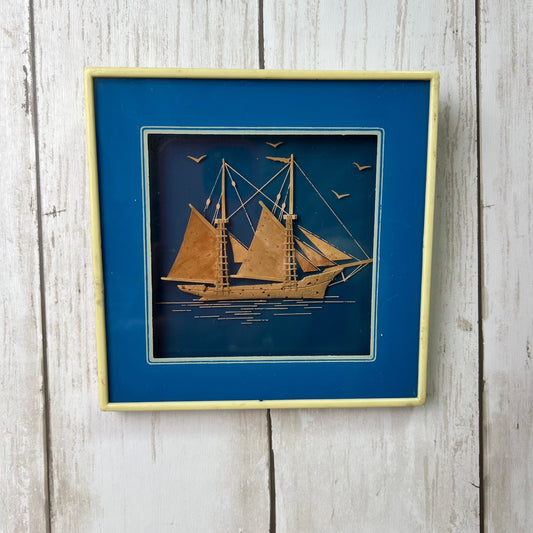 Framed Oriental Wood, Paper & Cork Nautical Collage Relief Picture Diorama Shadow Box