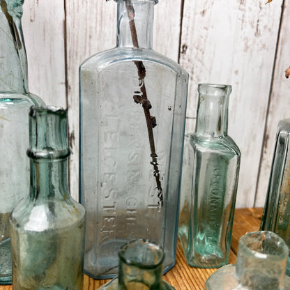 Collection of Eight Antique Glass Poison Apothecary Chemist Bottles Vases