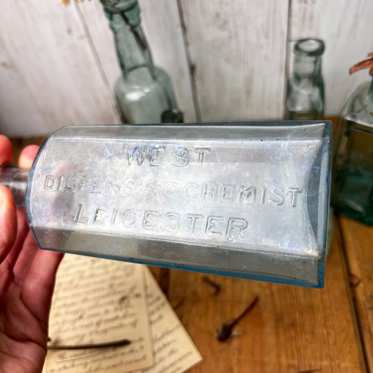 Collection of Eight Antique Glass Poison Apothecary Chemist Bottles Vases