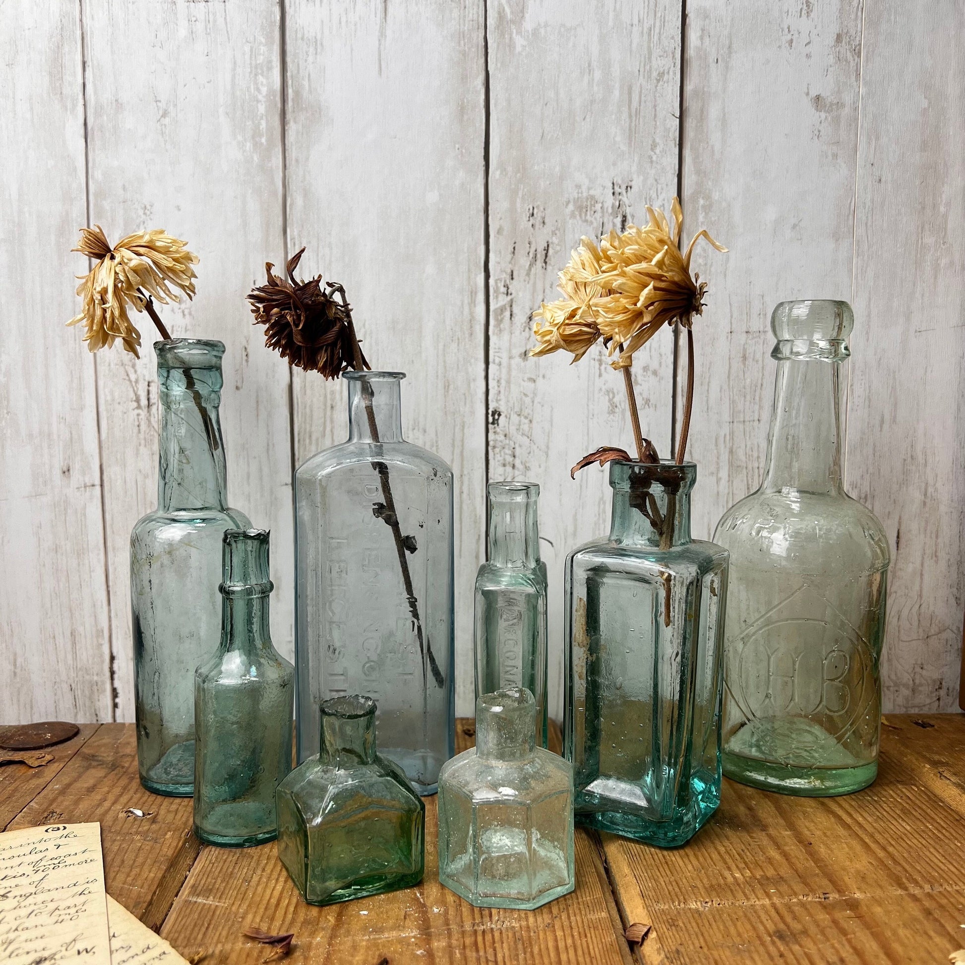 Collection of Eight Antique Glass Poison Apothecary Chemist Bottles Vases