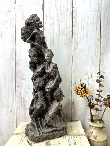 Vintage Wooden Hand Carved African Folk Art Makonde Tree of life Family Statue* - The Blind Mole