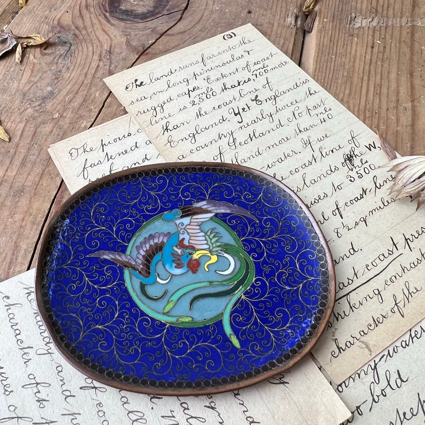 Vintage Oriental Chinese Copper Blue Enamelled Pin Dish