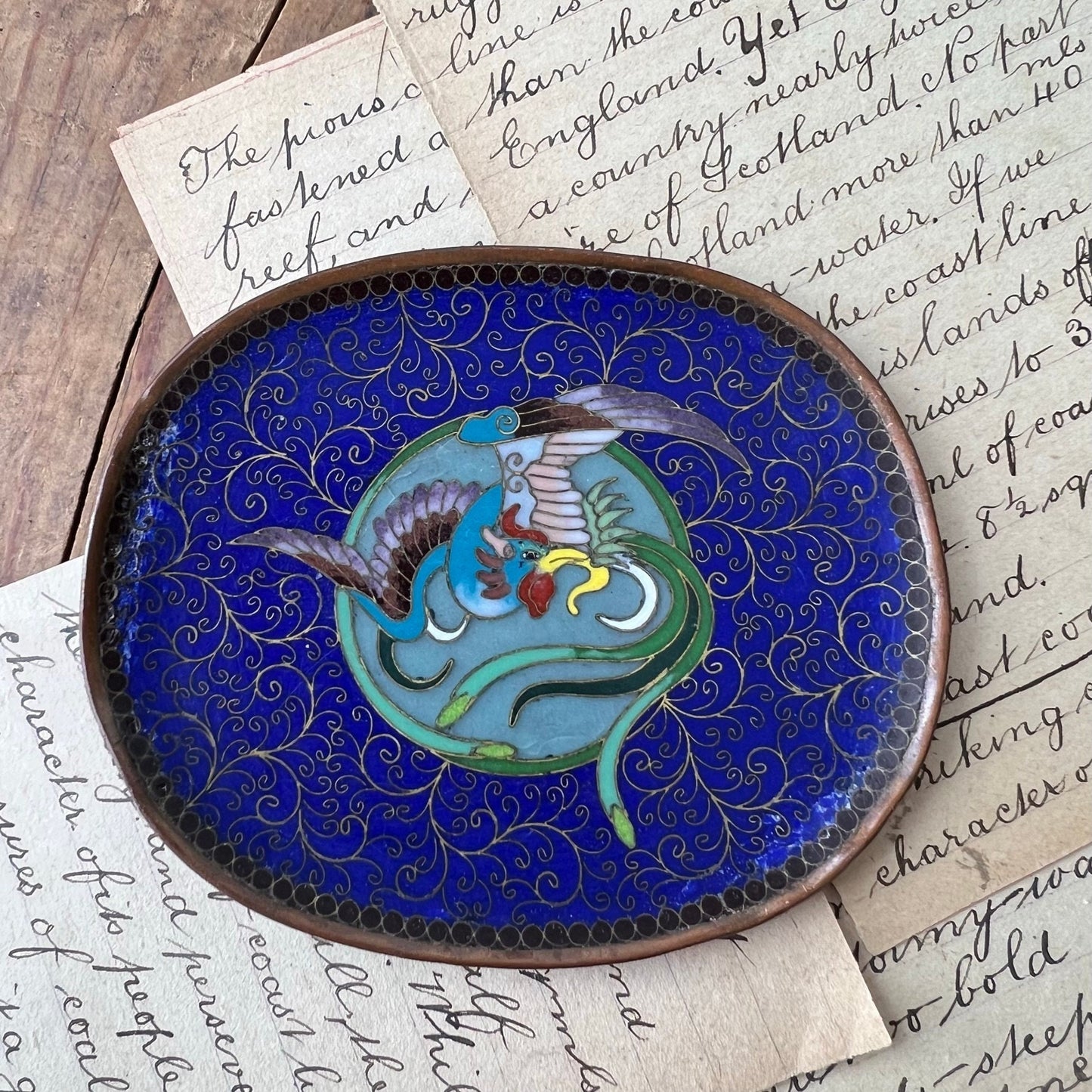 Vintage Oriental Chinese Copper Blue Enamelled Pin Dish