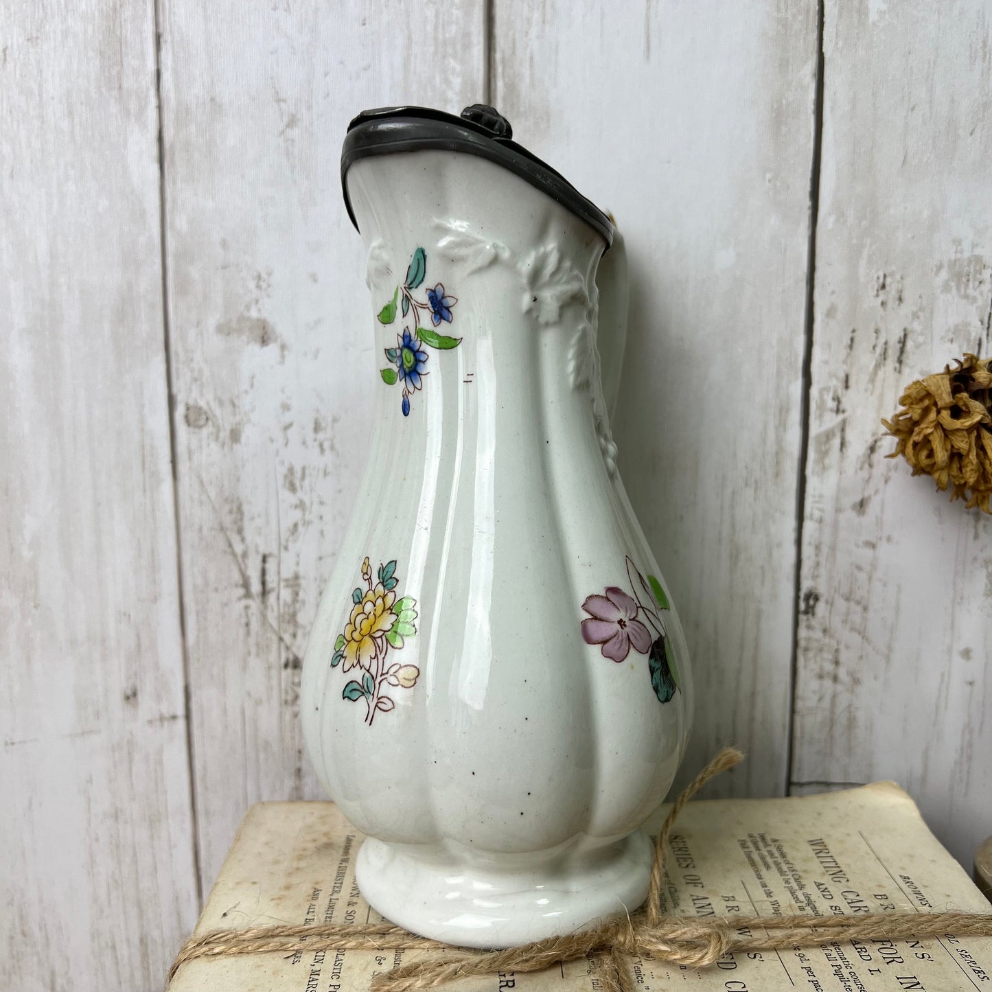 White Victorian Jug Syrup Pitcher with Pewter Top