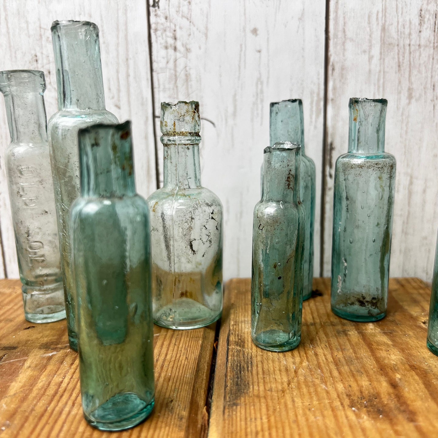 Eleven Antique Glass Poison Apothecary Chemist Bottles Vases