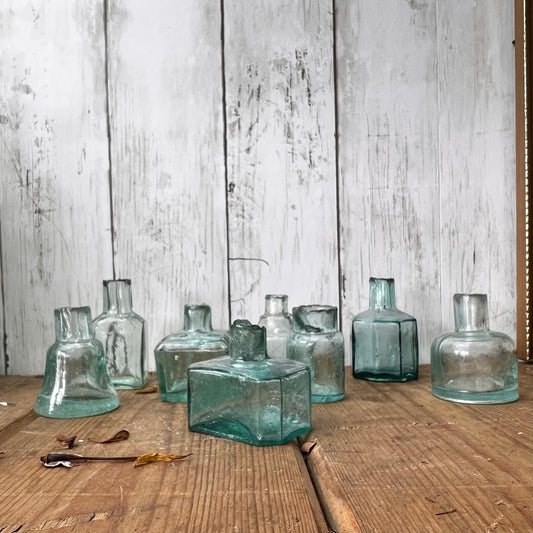 Eight Antique Glass Ink Well Apothecary Chemist Bottles Vases