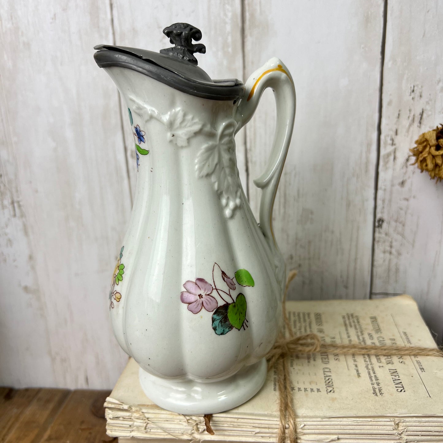 White Victorian Pewter Topped Syrup Pitcher