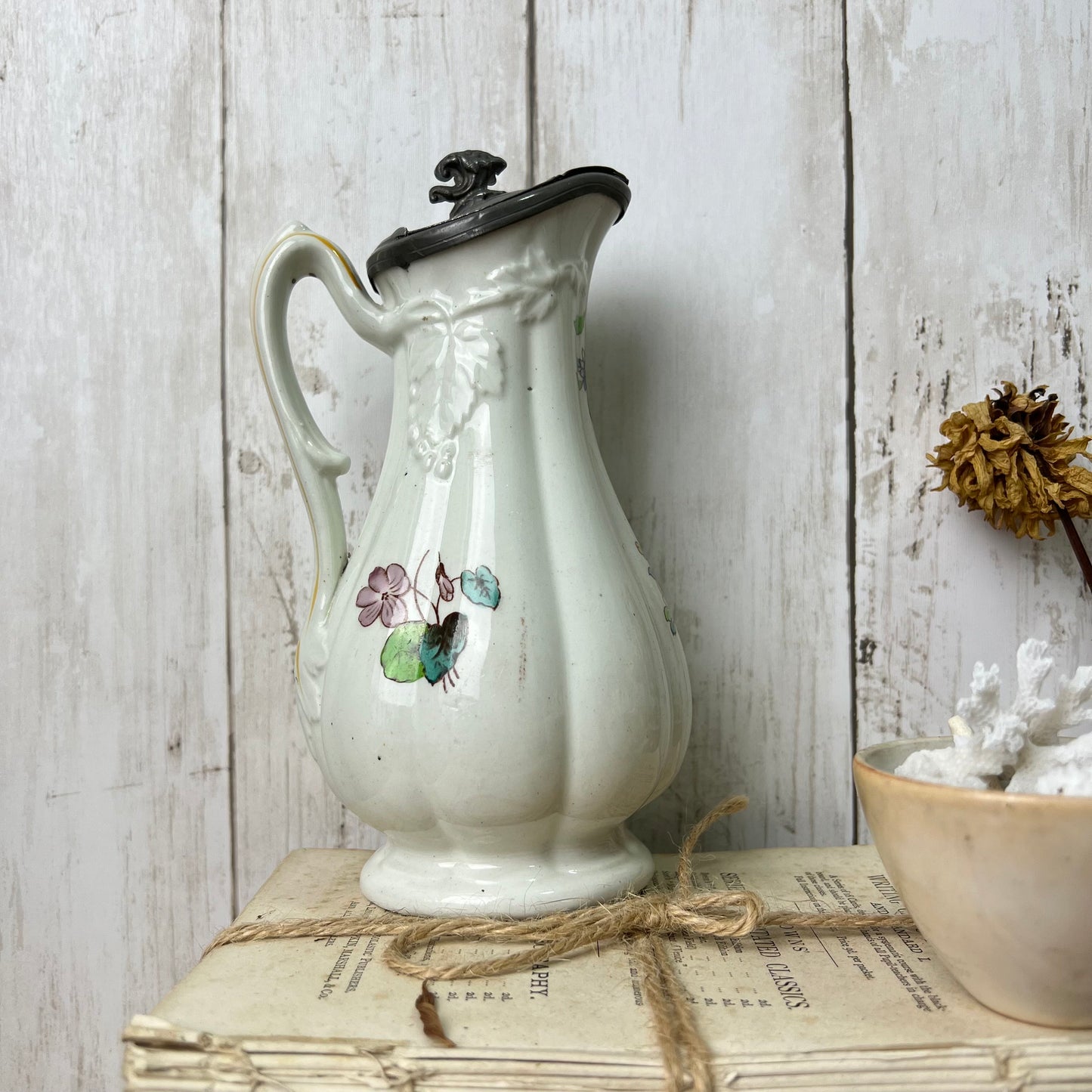 White Victorian Jug Syrup Pitcher with Pewter Top