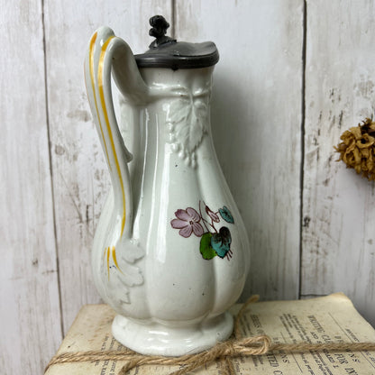 White Victorian Jug Syrup Pitcher with Pewter Top