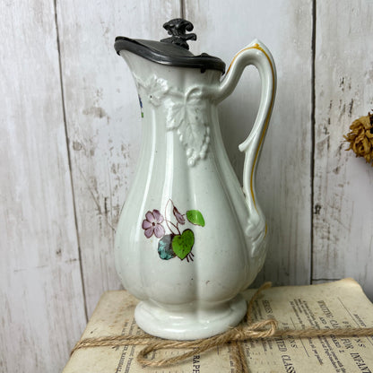 White Victorian Jug Syrup Pitcher with Pewter Top