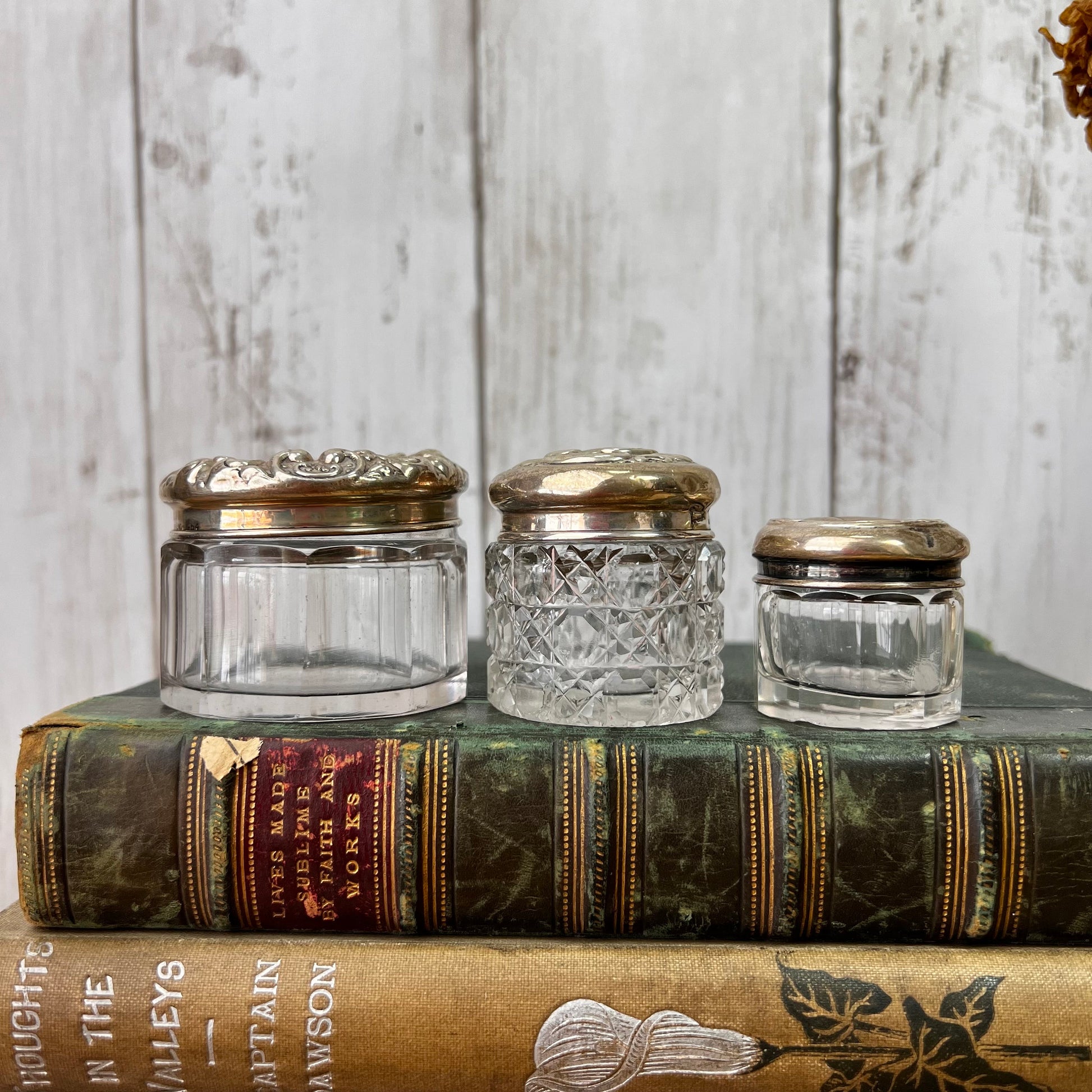 Set of Three Cut Glass & Sterling Silver Edwardian Vanity Bottles, Pots 