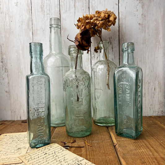 Collection of Five Antique Glass Poison Apothecary Chemist Bottles Vases