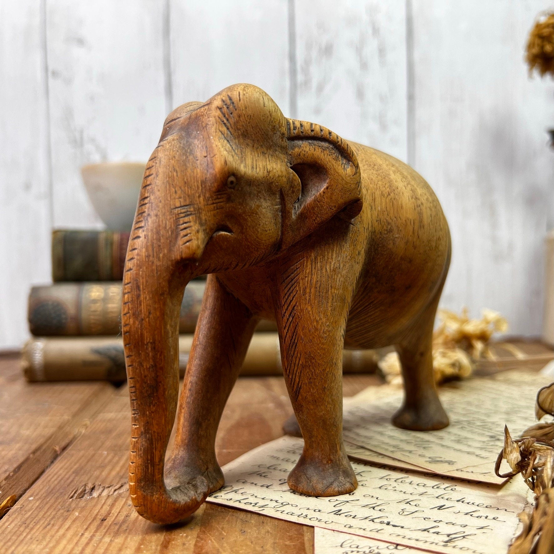 Mid Century Carved Wooden Elephant Figure* - The Blind Mole