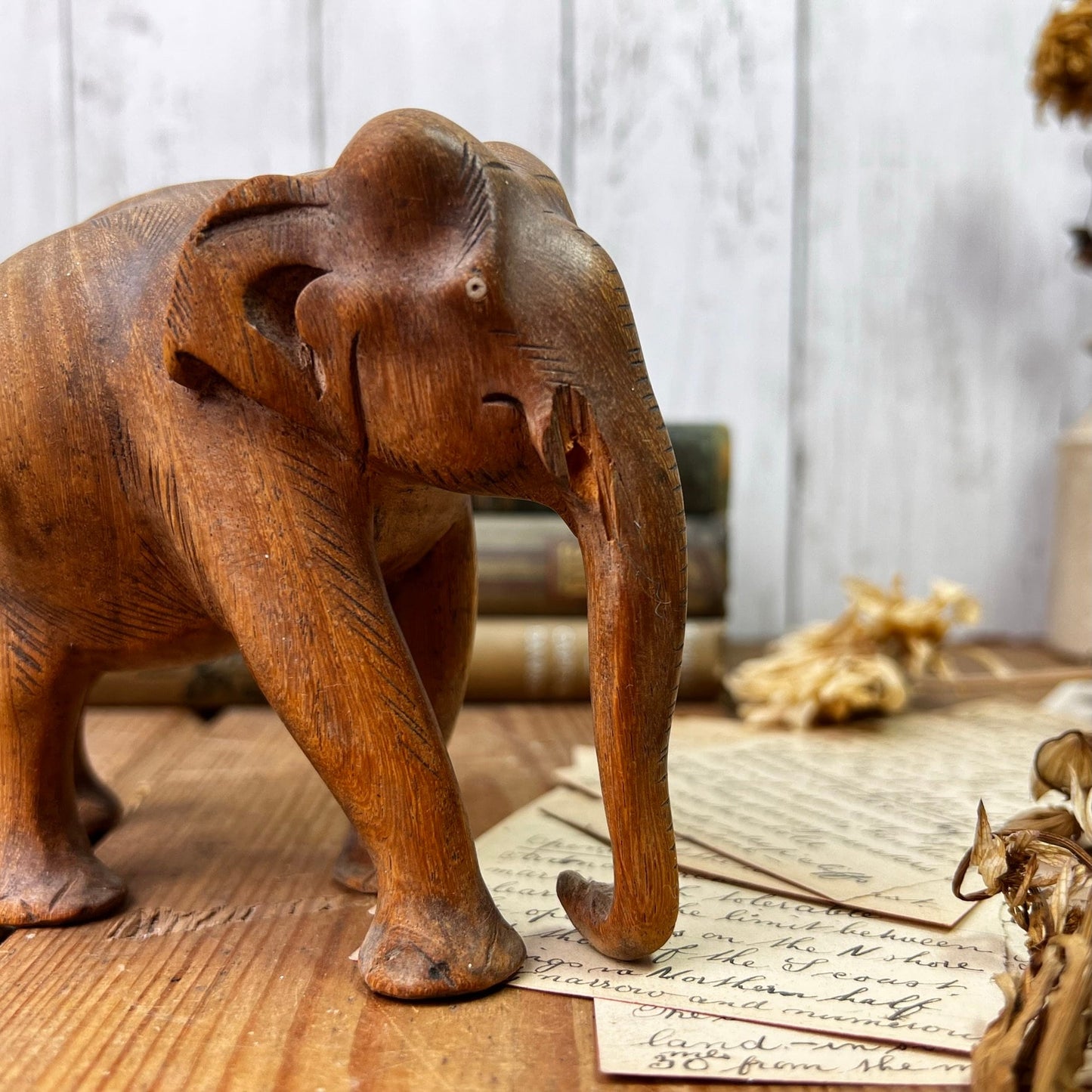 Mid Century Carved Wooden Elephant Figure