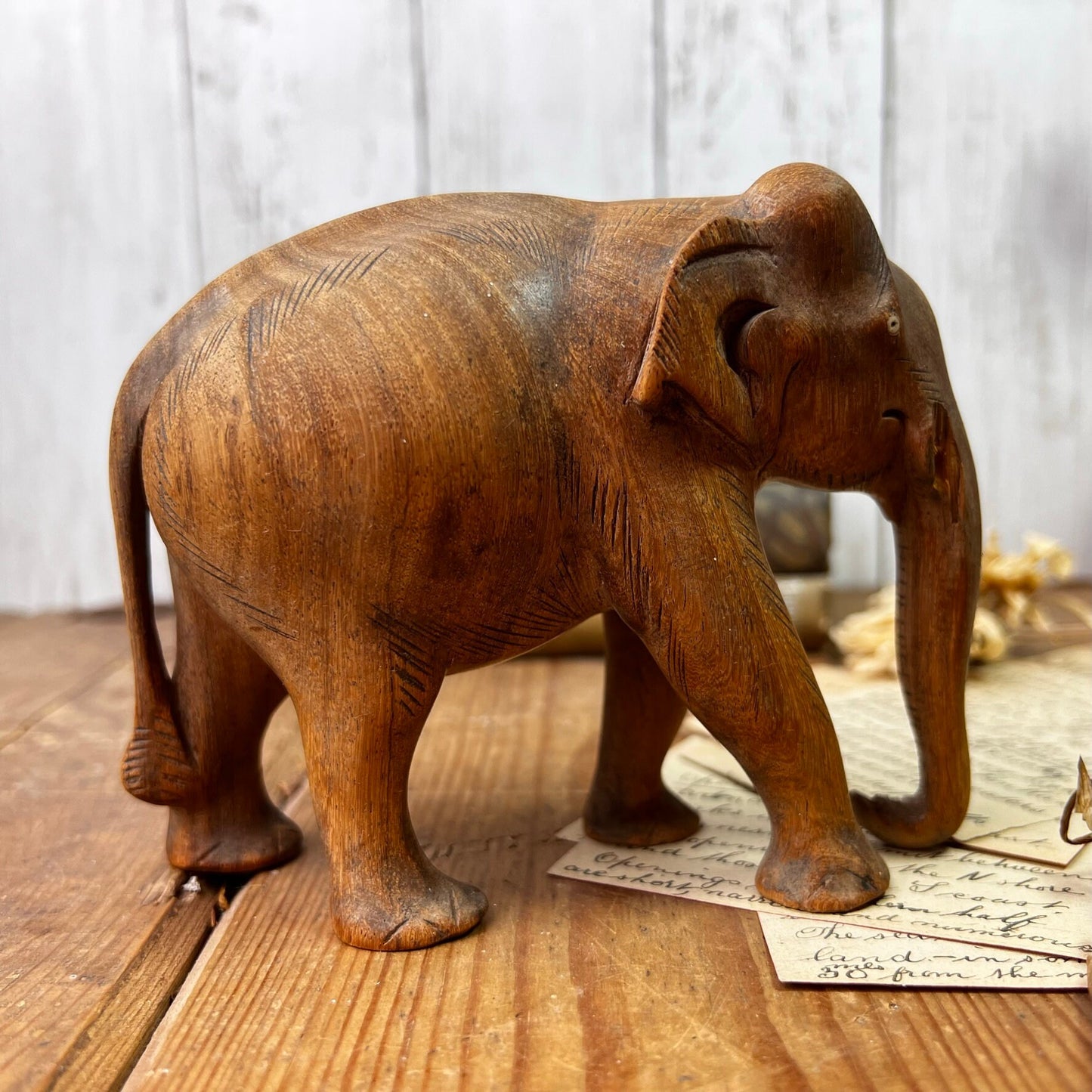 Mid Century Carved Wooden Elephant Figure