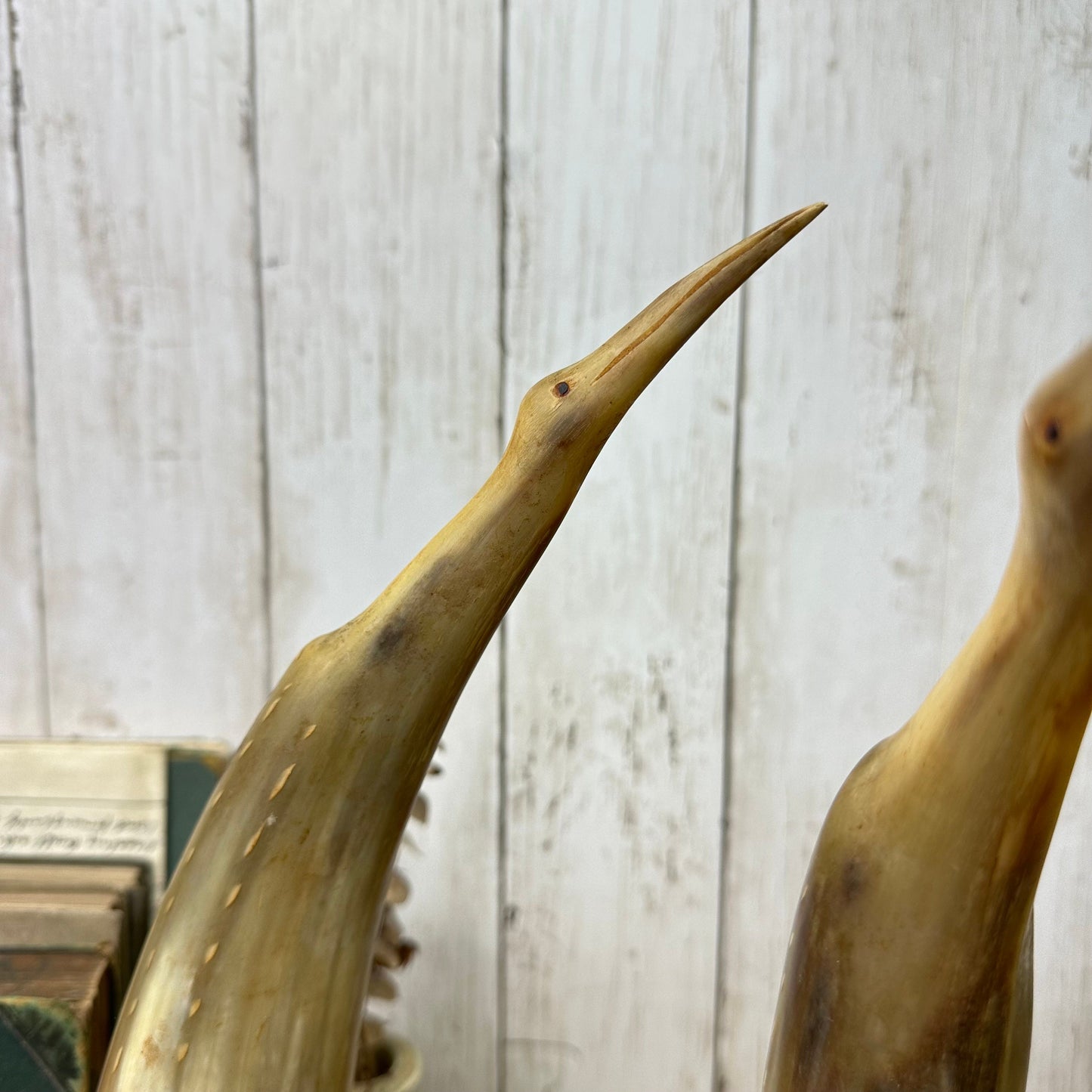 Pair of Mid Century Hand Carved Bovine Horn Bird Figures