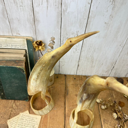 Pair of Mid Century Hand Carved Bovine Horn Bird Figures