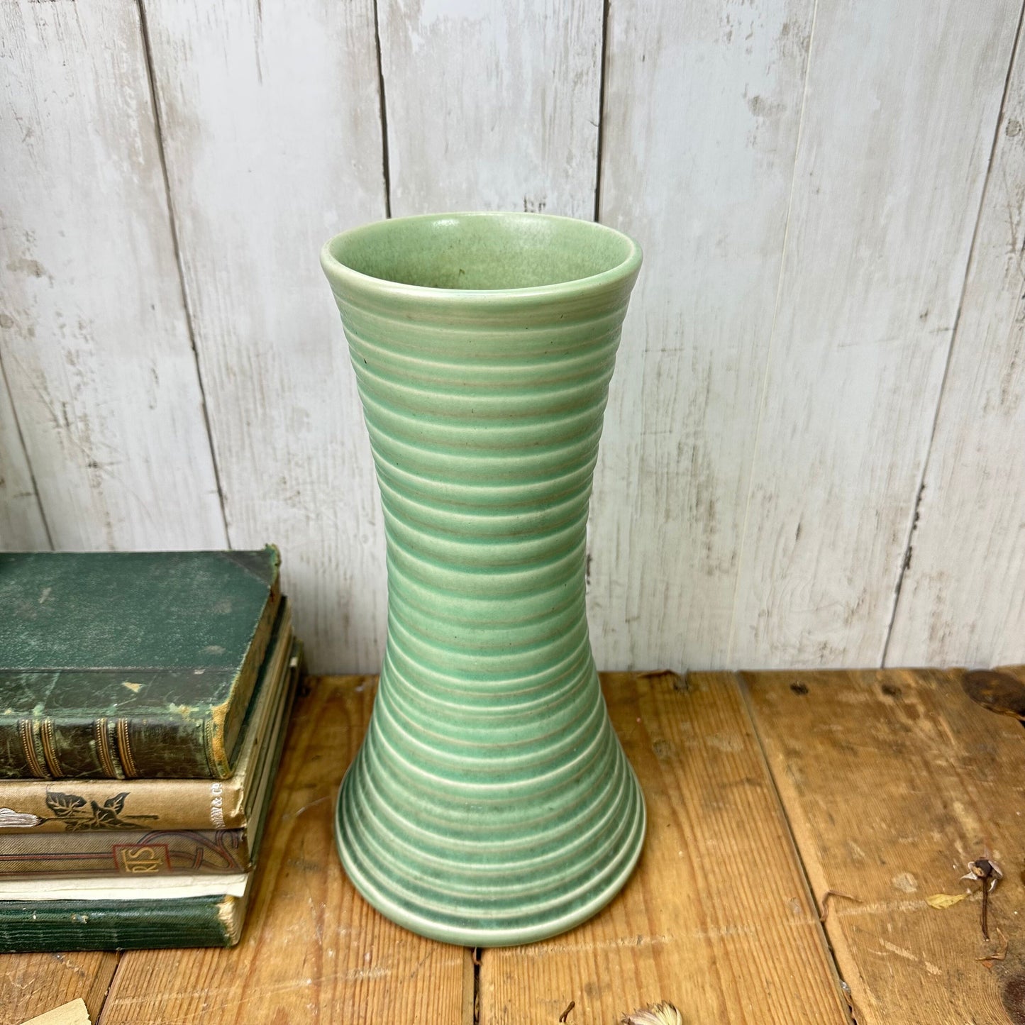 Art Deco Mint Green Dappled Ribbed Stoneware Vase