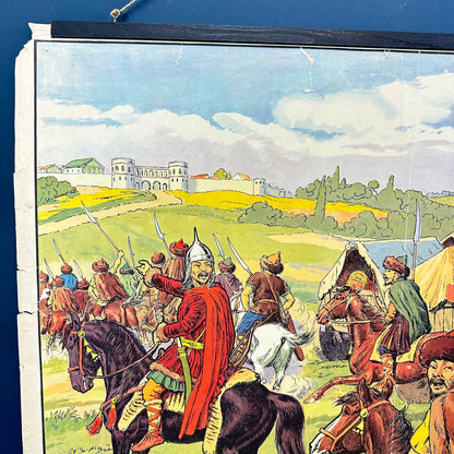 Large Vintage Double Sided French School Poster - Historical Atilla & the Huns, Gallo Roman City