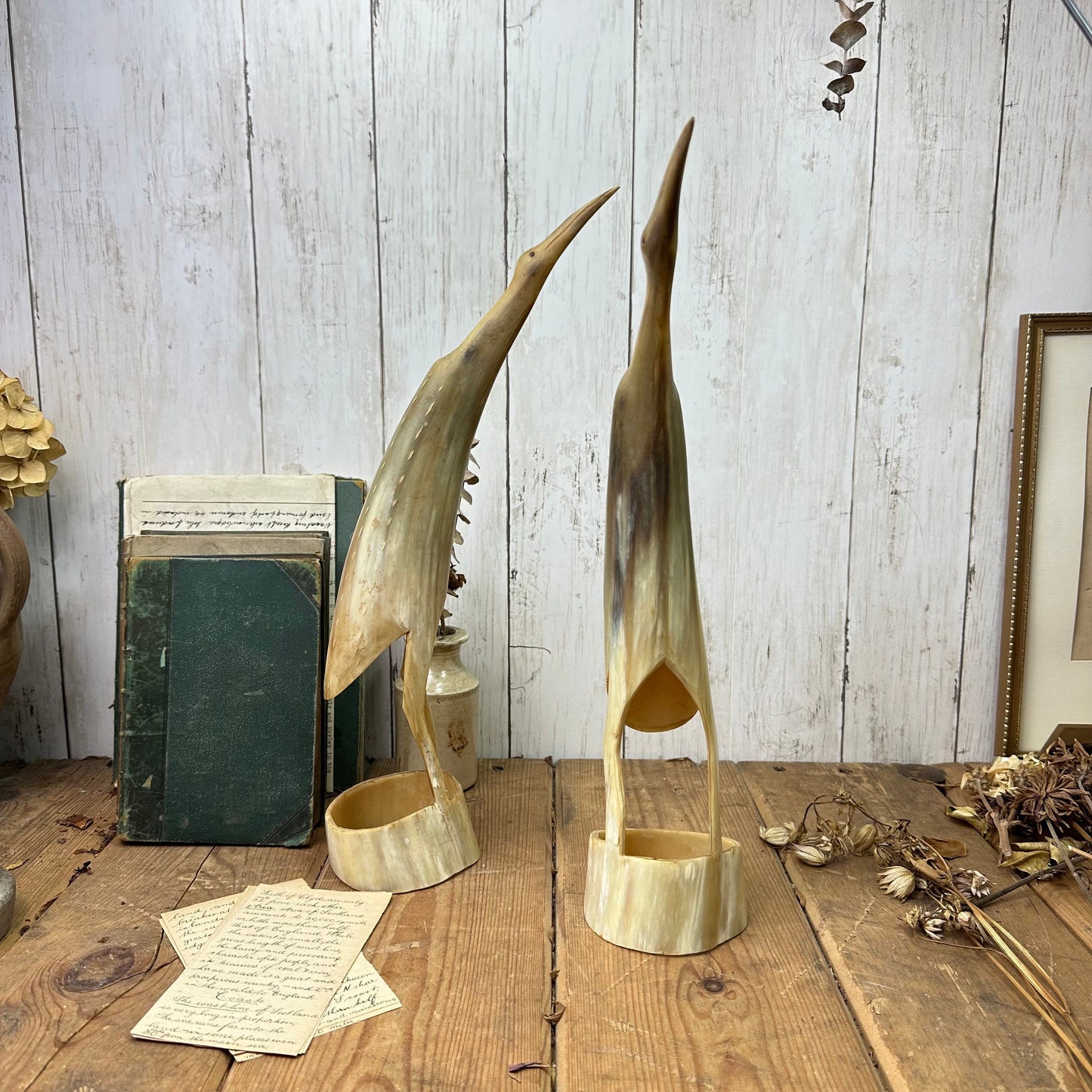 Pair of Mid Century Hand Carved Bovine Horn Bird Figures