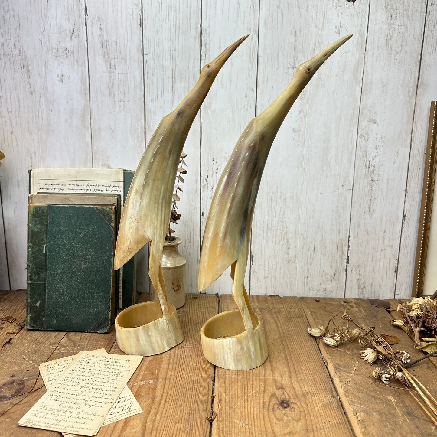 Pair of Mid Century Hand Carved Bovine Horn Bird Figures