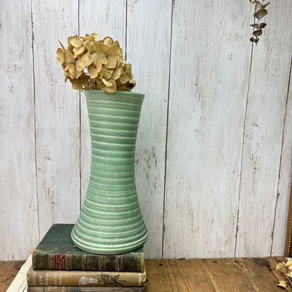 Art Deco Mint Green Dappled Ribbed Stoneware Vase