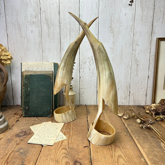 Pair of Mid Century Hand Carved Bovine Horn Bird Figures