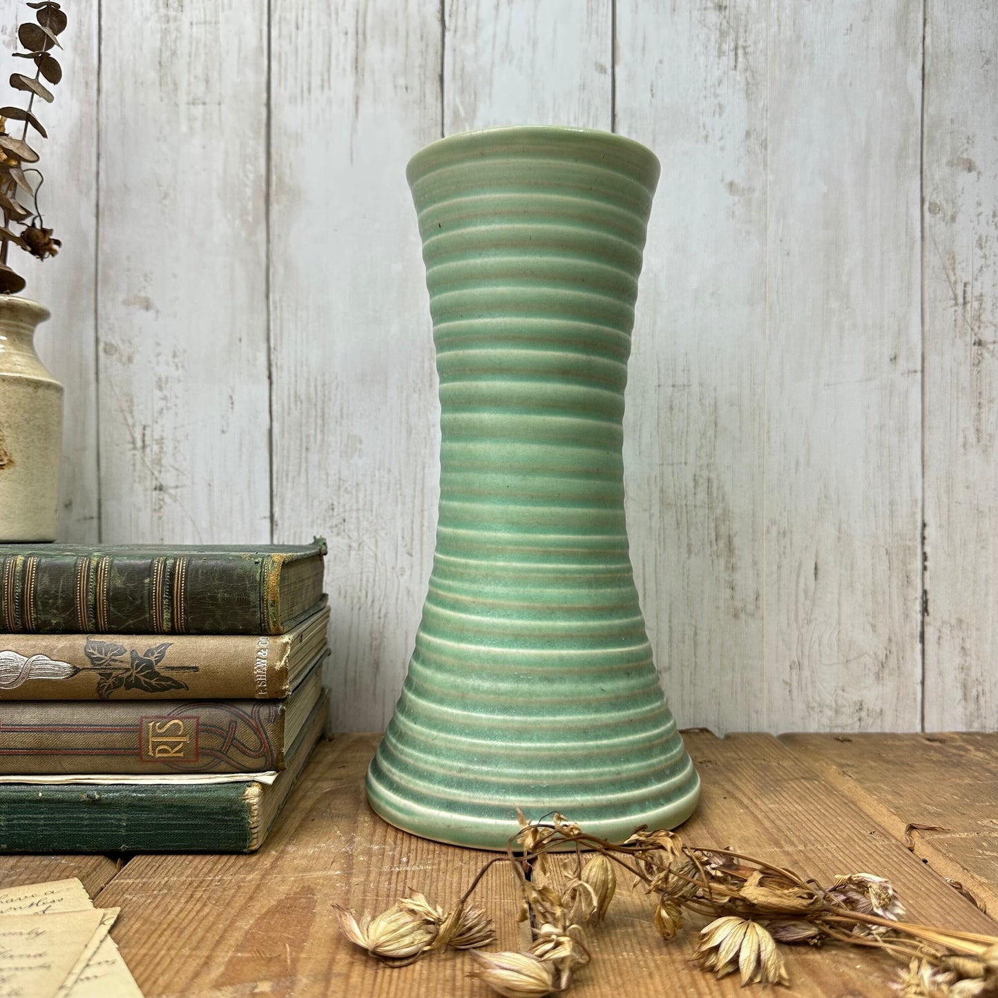 Art Deco Mint Green Dappled Ribbed Stoneware Vase