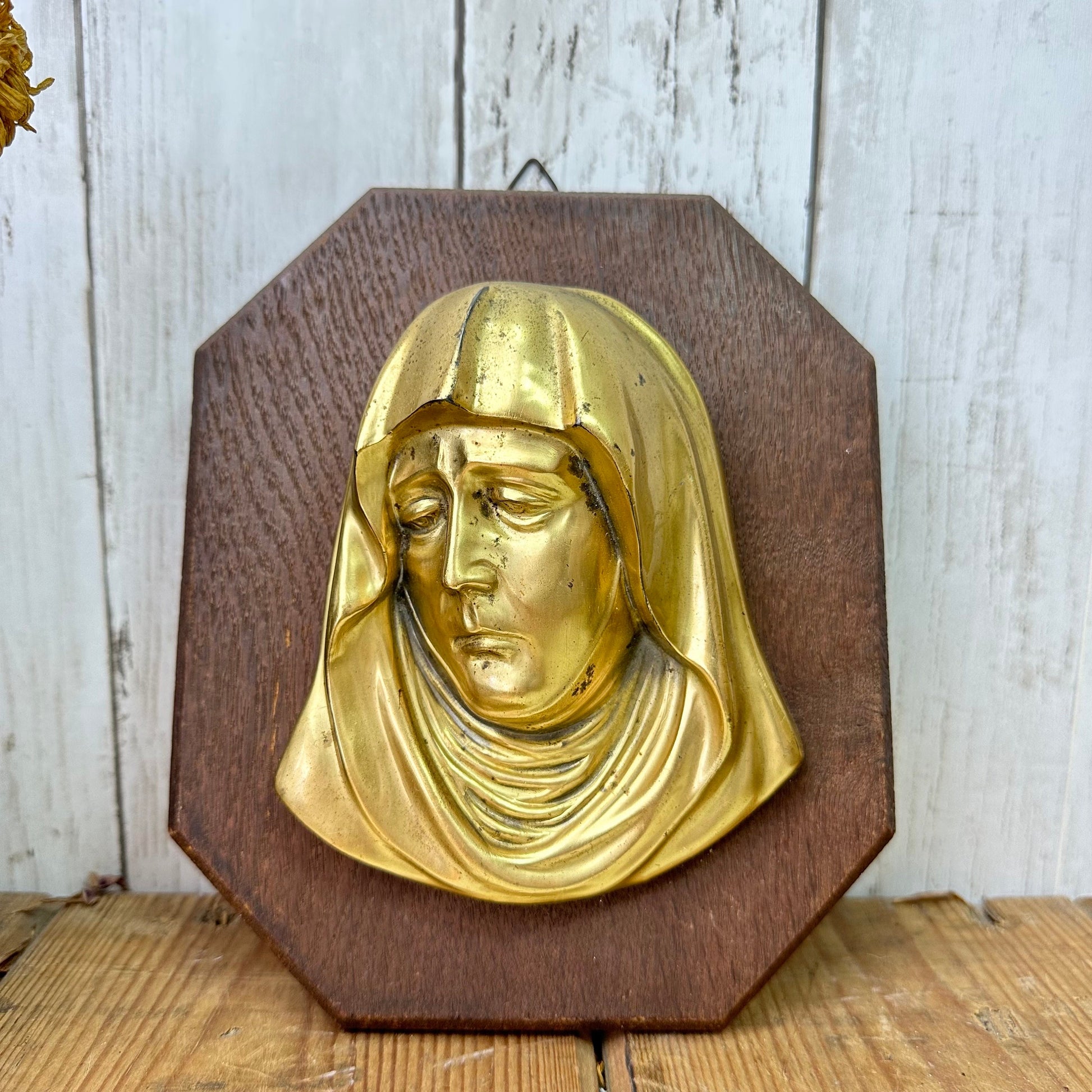 Mid Century Religious Wooden Wall Plaque Virgin Mary