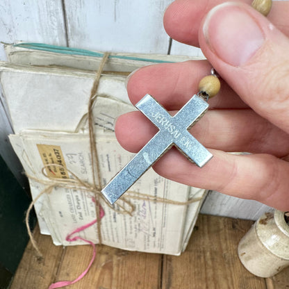 Vintage Wooden Beaded Rosary Beads Necklace Crucifix