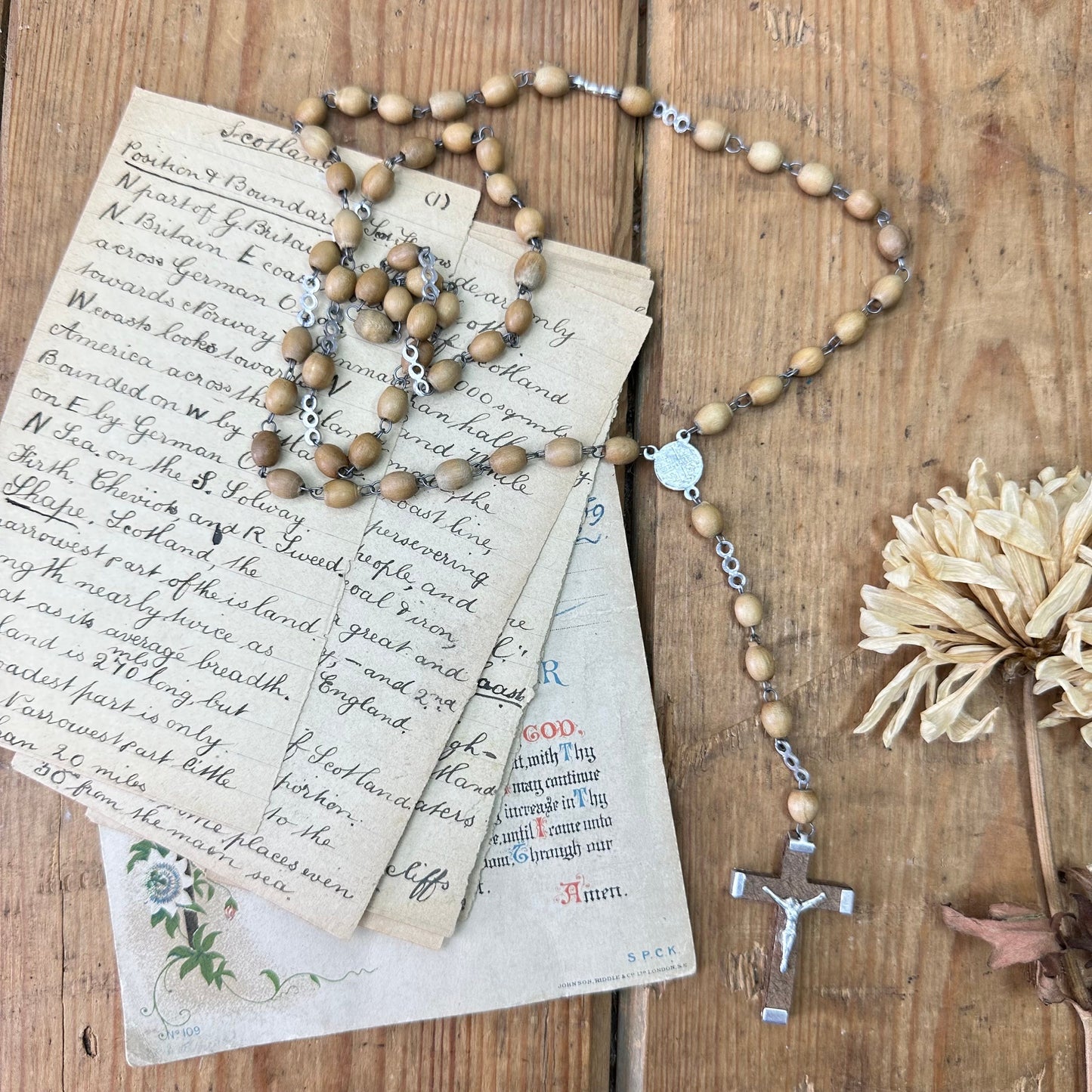 Vintage Wooden Beaded Rosary Beads Necklace Crucifix