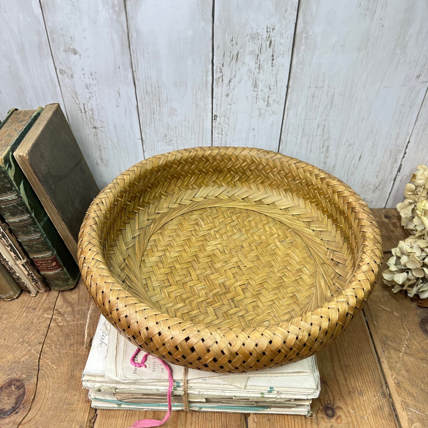 Small Mid Century Woven Boho Tiki Round Basket