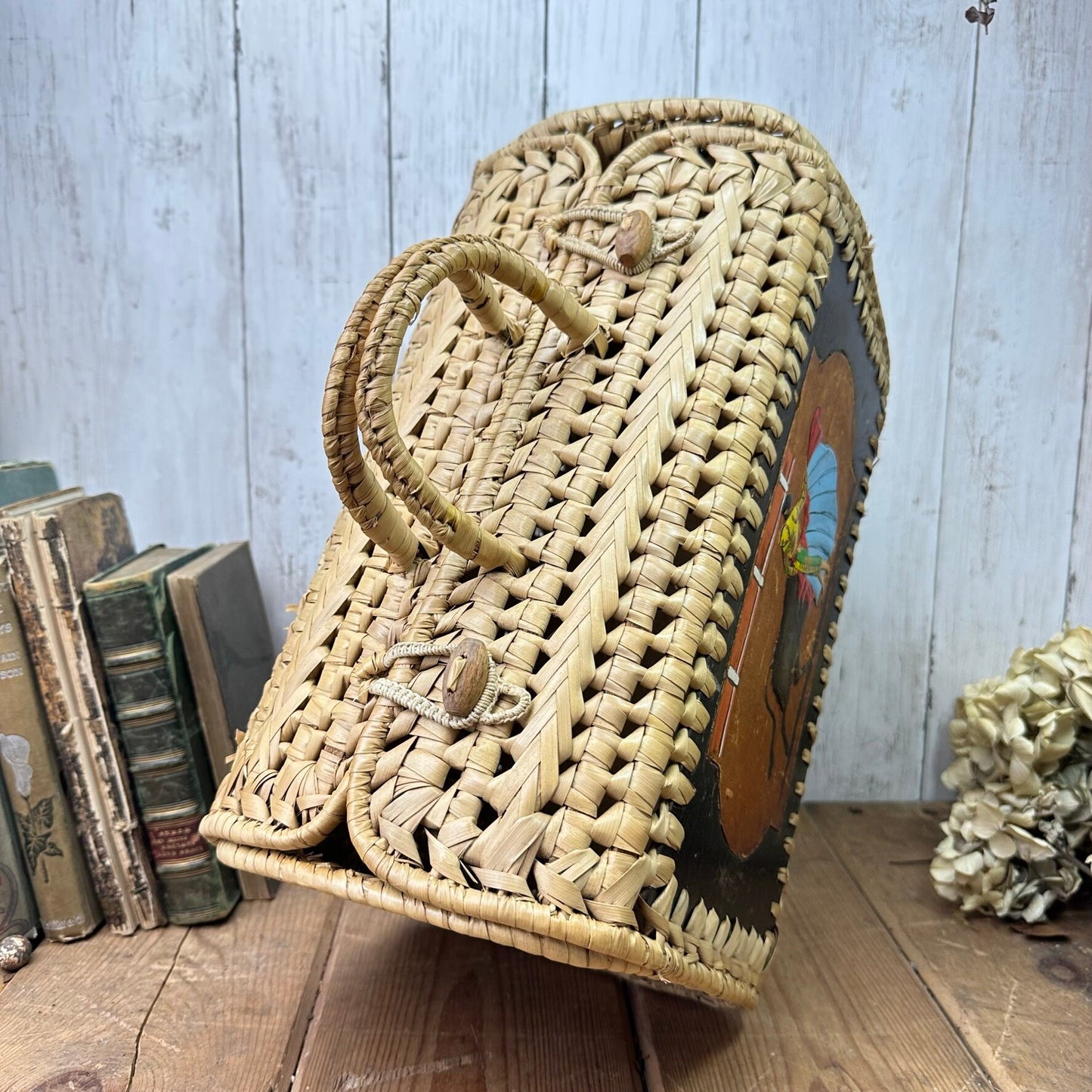 Vintage Woven Tote Basket Box Bag With Matador Motif