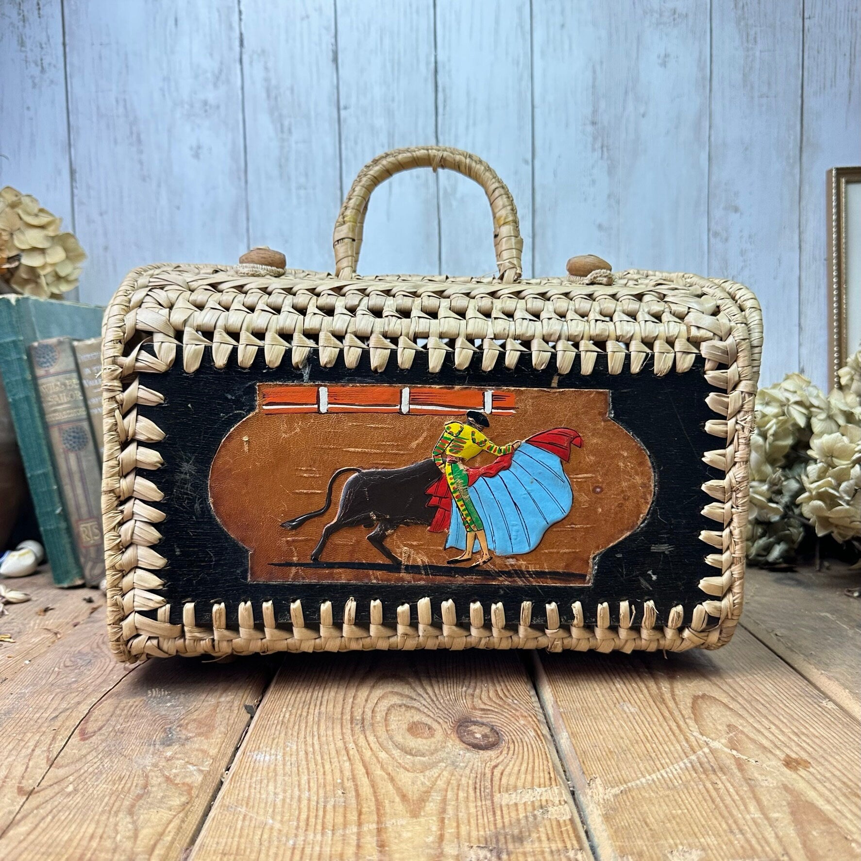 Vintage Woven Tote Basket Box Bag With Matador Motif