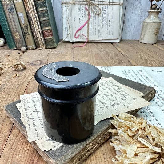 Victorian Black Ebony Ink Well with Silver Plaque, Pot