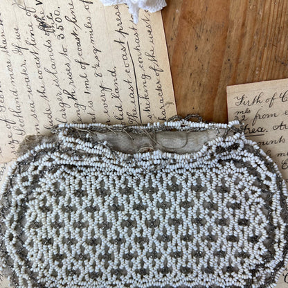 Antique White French Beaded Clutch Purse