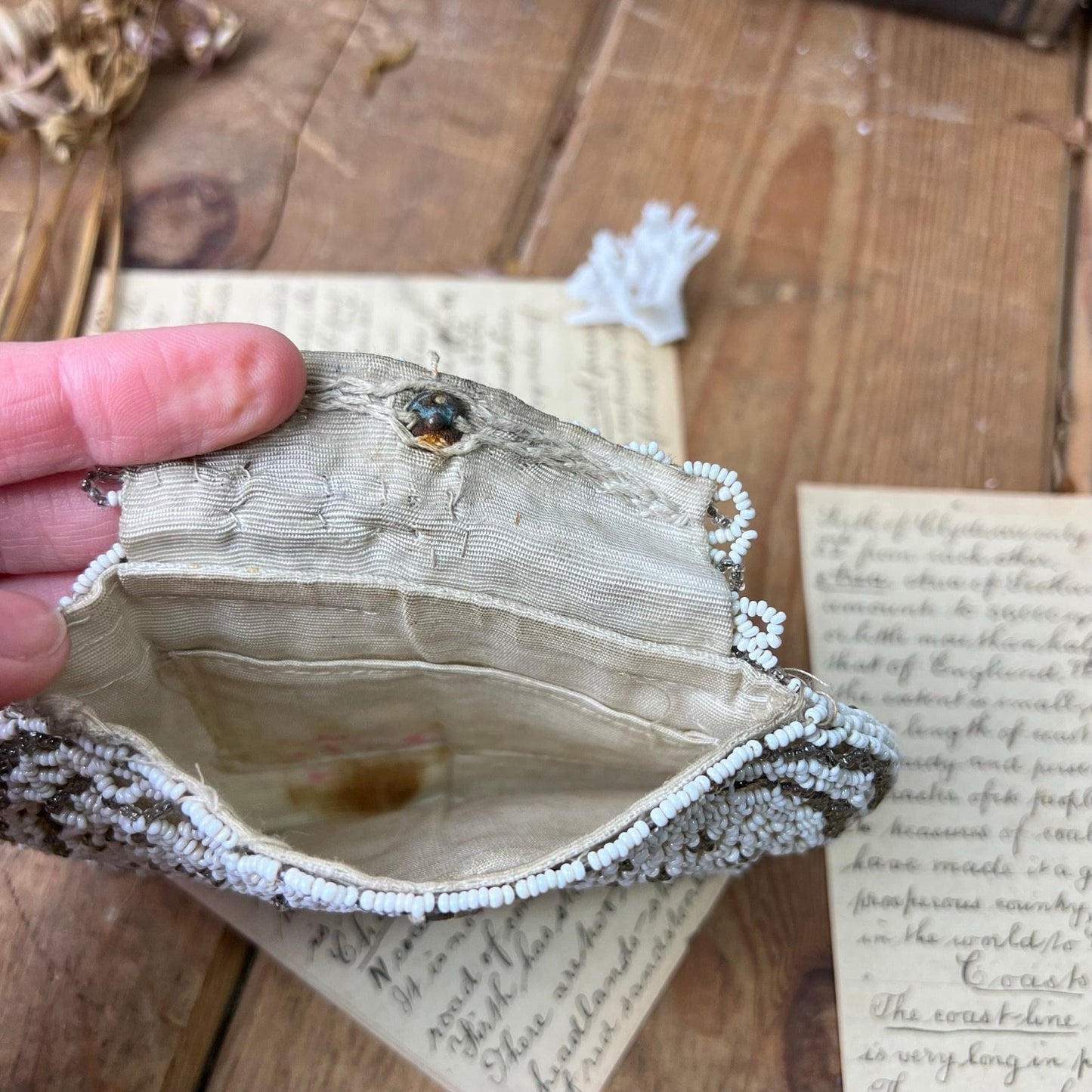 Antique White French Beaded Clutch Purse