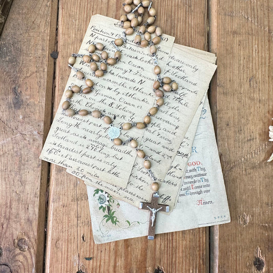 Vintage Wooden Beaded Rosary Beads Necklace Crucifix